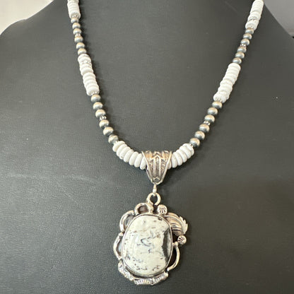 White Buffalo Turquoise Pendant Navajo Pearls Sterling Silver Necklace 20” 19496