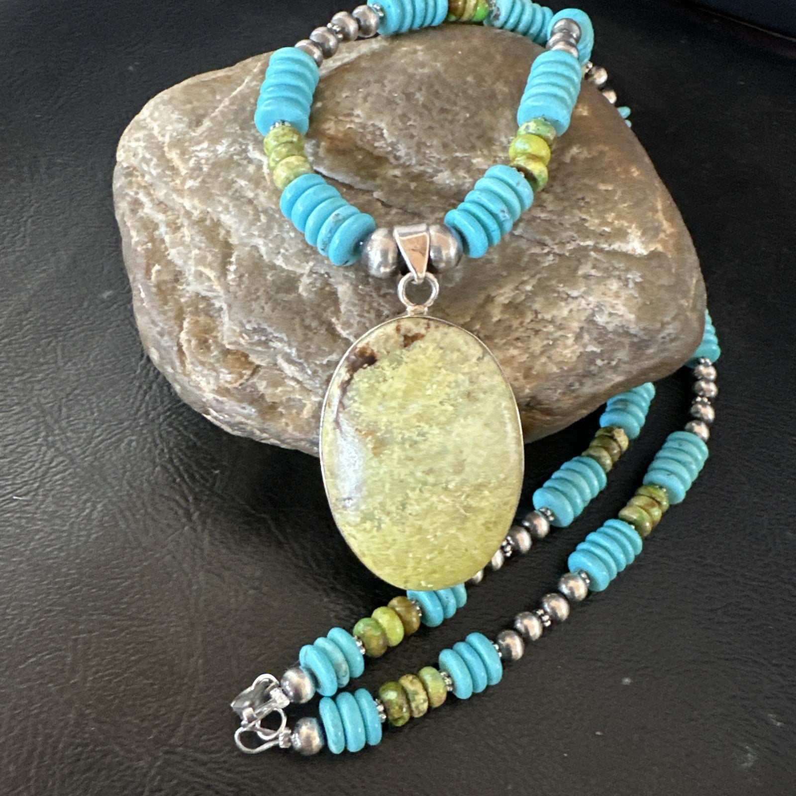 Green Gaspeite Pendant Blue Turquoise Navajo Sterling Silver Necklace 20" 19666