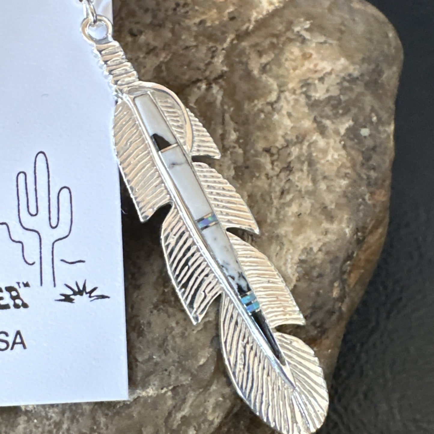 White Buffalo Turquoise Opal Sterling Silver Handmade Feather Earrings 18697