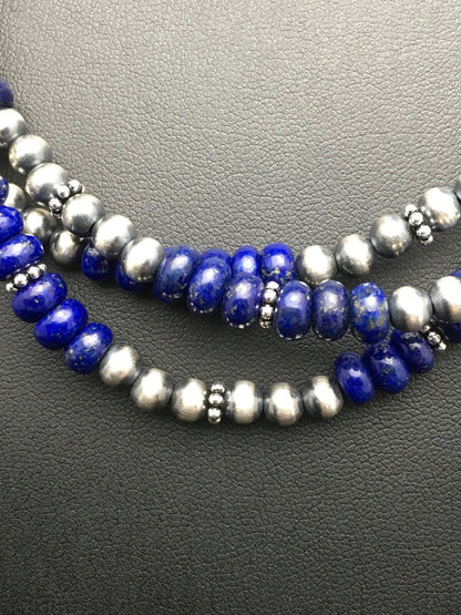 Blue Lapis Lazuli 3 Strands Navajo Sterling Silver Beads Necklace 02926