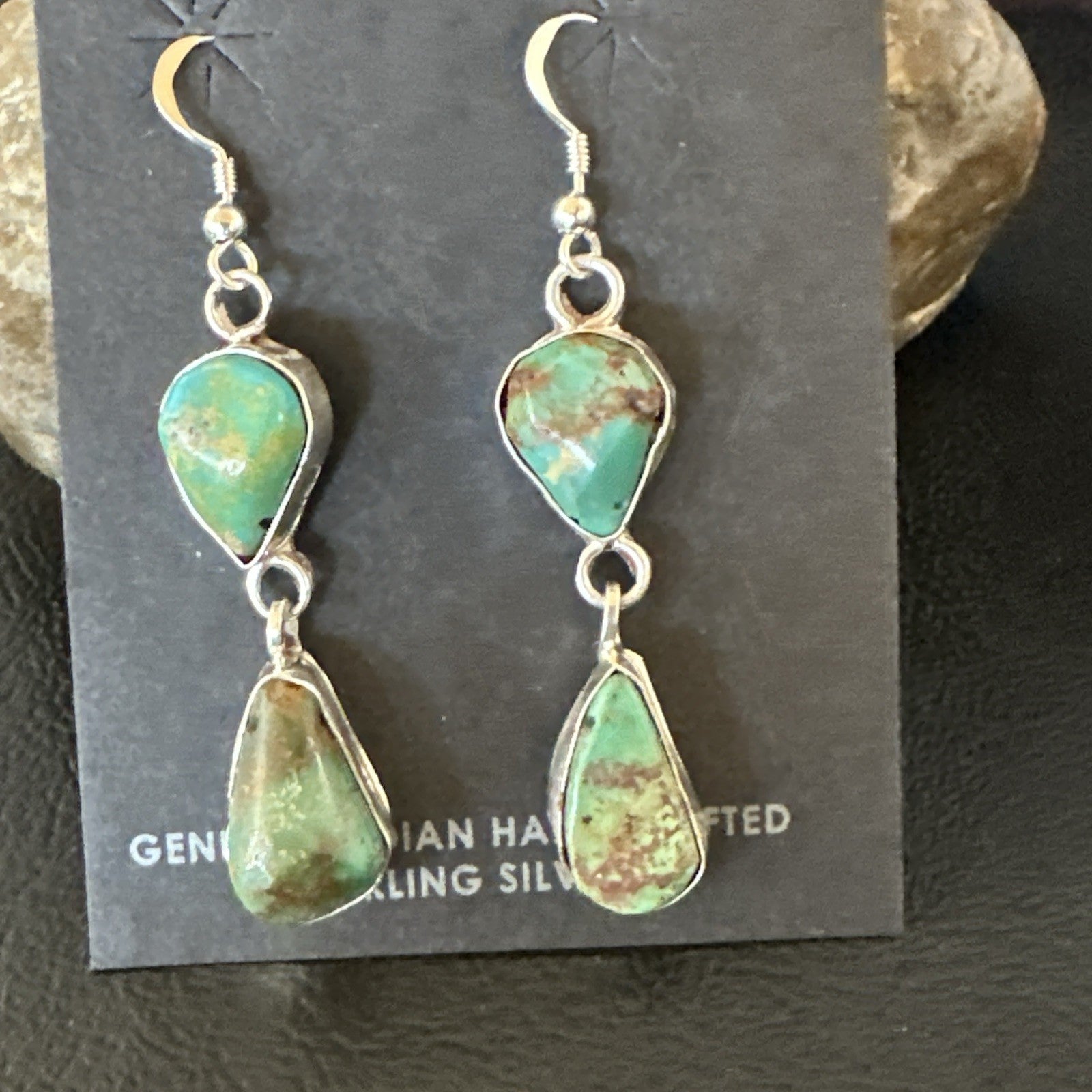 Green Royston Turquoise Navajo Sterling Silver Dangle Earrings 19415