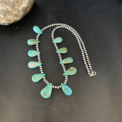 Blue Turquoise Teardrop Navajo Pearls Sterling Silver Necklace 14390