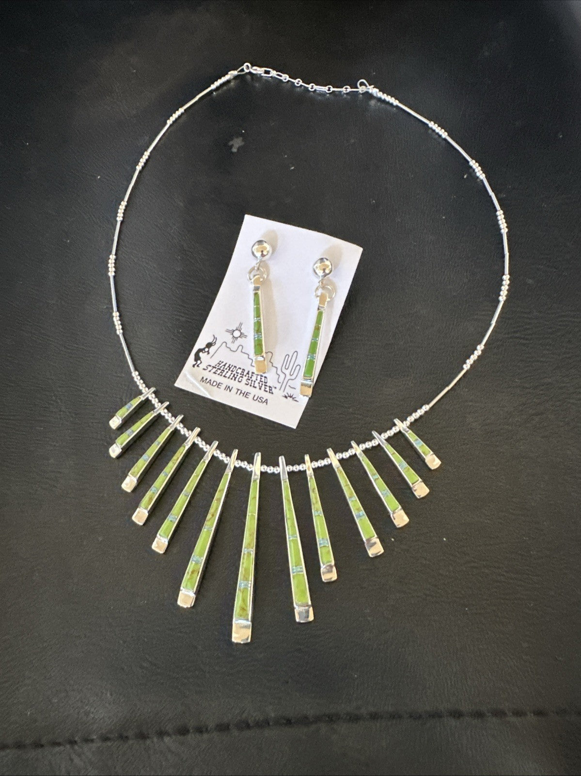 Womens Green Gaspeite Stick Pendant Necklace Earrings Sterling Silver 19151