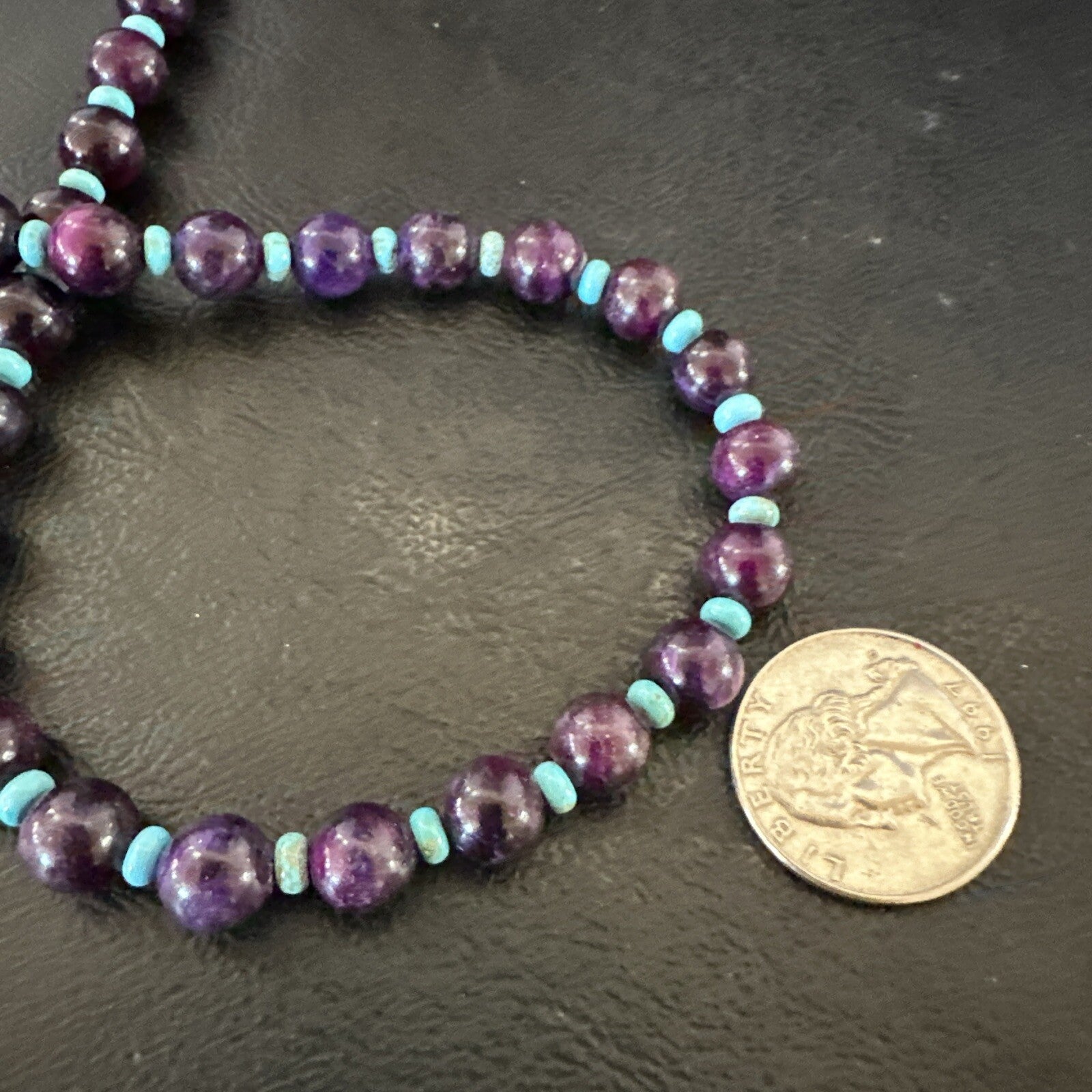 Purple Stone Blue Turquoise Bead Navajo Sterling Silver Necklace 18” 17788
