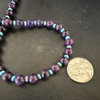 Purple Stone Blue Turquoise Bead Navajo Sterling Silver Necklace 18” 17788