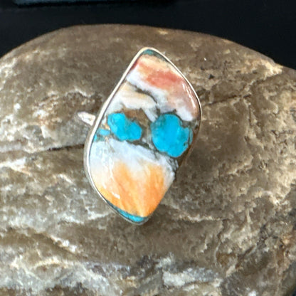 Blue Turquoise Spiny Oyster Navajo Sterling Silver Ring Size 8 18250