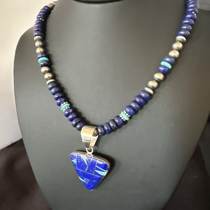 Lapis Opal Inlay Pendant Navajo Pearls Turquoise Sterling Silver Necklace 19182