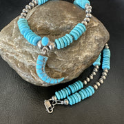 Blue Turquoise Inlay Pendant Navajo Necklace | Sterling Silver | Authentic Native American Handmade | 19515