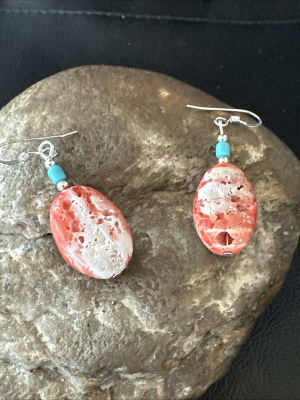 Navajo Red Spiny Oyster Turquoise Bead Earrings | Sterling Silver | Authentic Native American Handmade | 18692