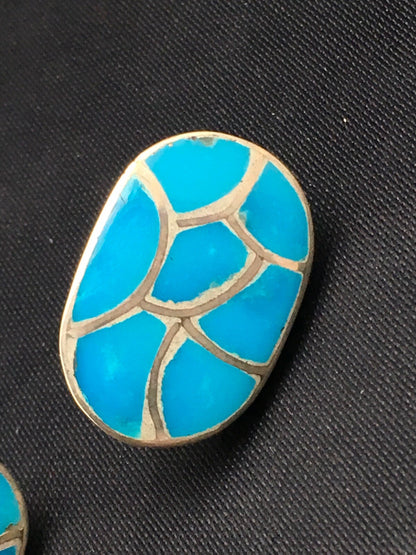 Blue Turquoise Zuni Sterling Silver Inlay Earrings 1.25" 1072