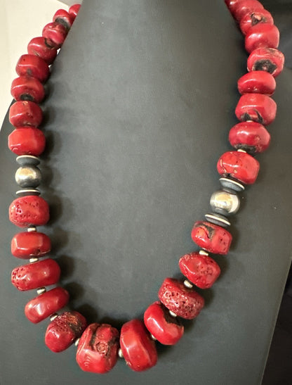 Chunky Navajo Red Bamboo Coral Sterling Silver Bead Necklace 24” Graduated 19531