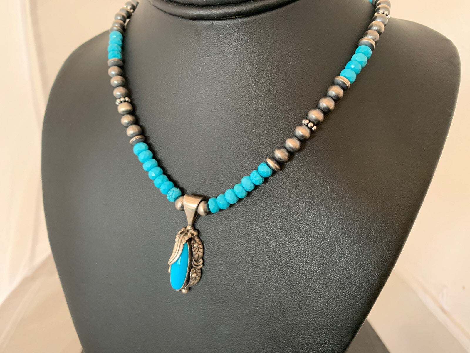 Blue Faceted Turquoise Sterling Silver Necklace Sleeping Beauty Pendant 00564