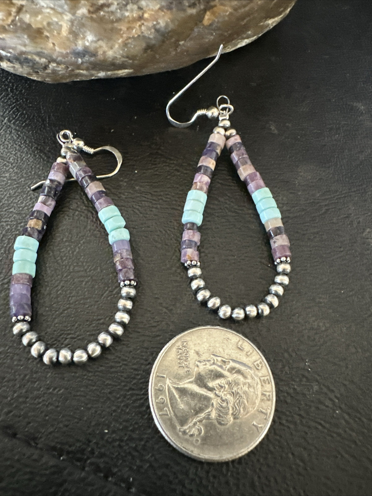 Blue Turquoise Purple Ston Heishi Sterling Silver Navajo Beads Earrings 2" 17838