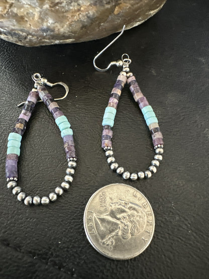 Blue Turquoise Purple Ston Heishi Sterling Silver Navajo Beads Earrings 2" 17838