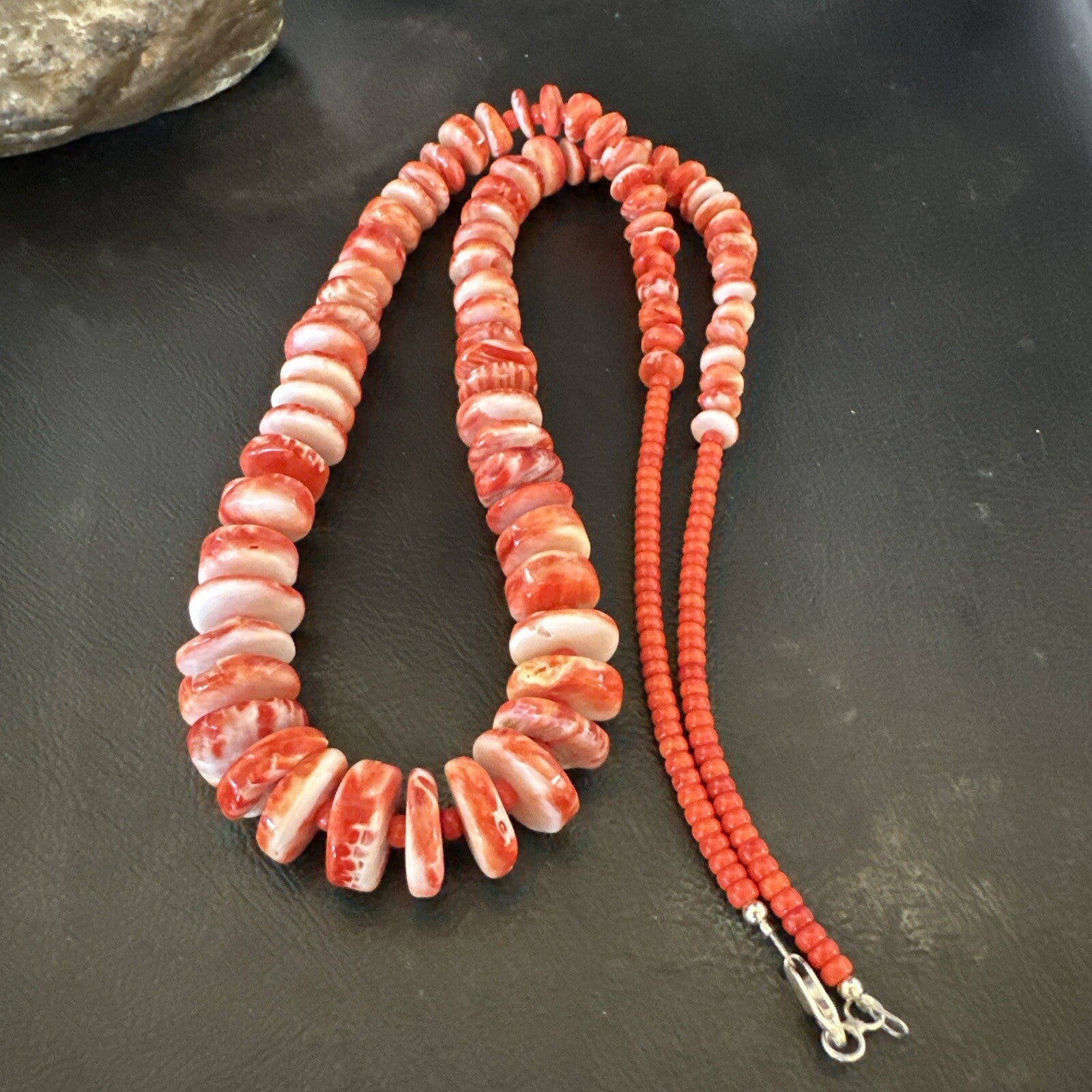 Red Spiny Oyster 28” Long Navajo Sterling Silver Necklace 17761