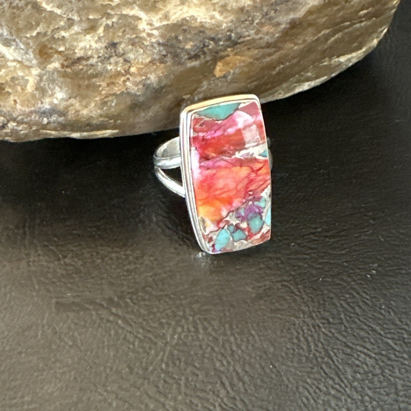 Blue Turquoise Spiny Oyster Navajo Sterling Silver Ring Size 9 18221