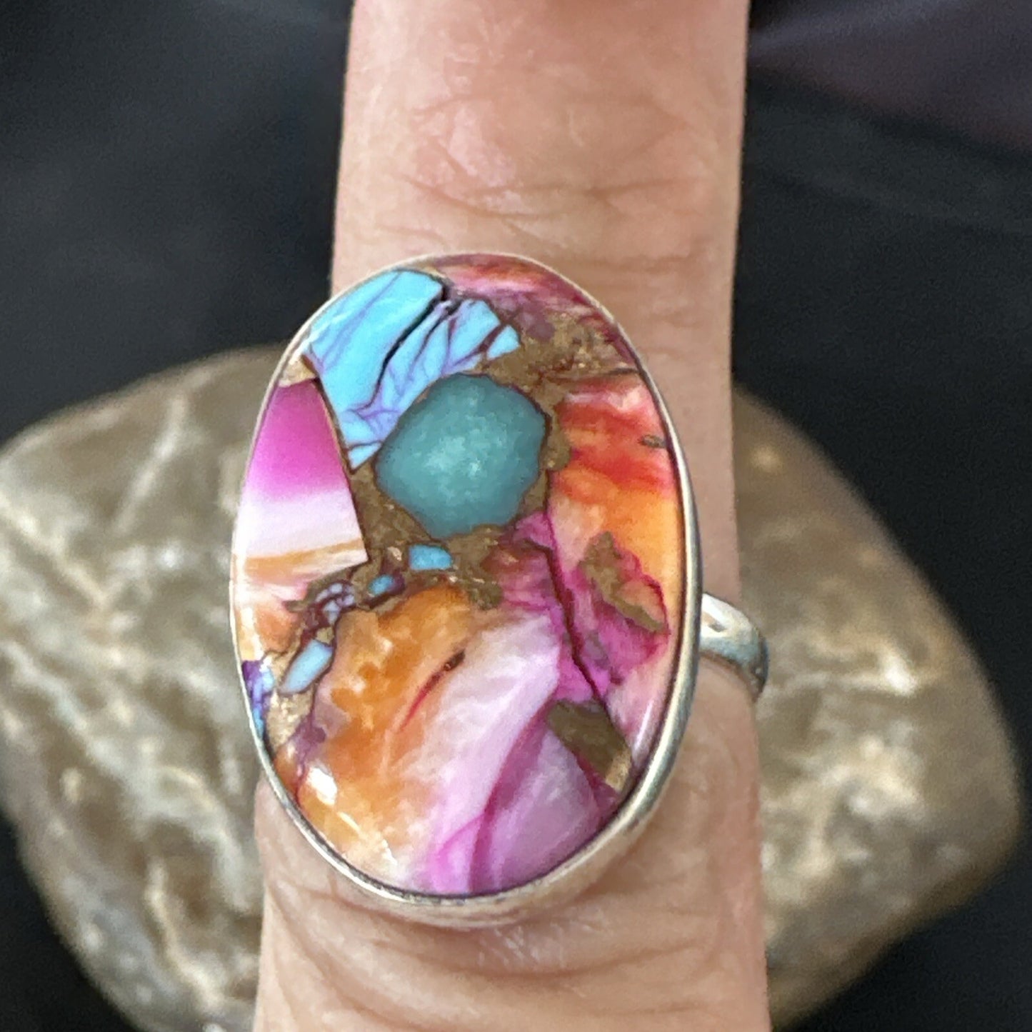 Blue Turquoise Spiny Oyster Southwestern Sterling Silver Ring Size 7 18495