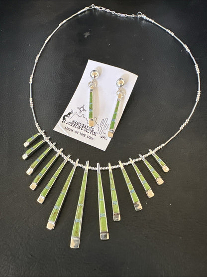 Womens Green Gaspeite Stick Pendant Necklace Earrings Sterling Silver 19151
