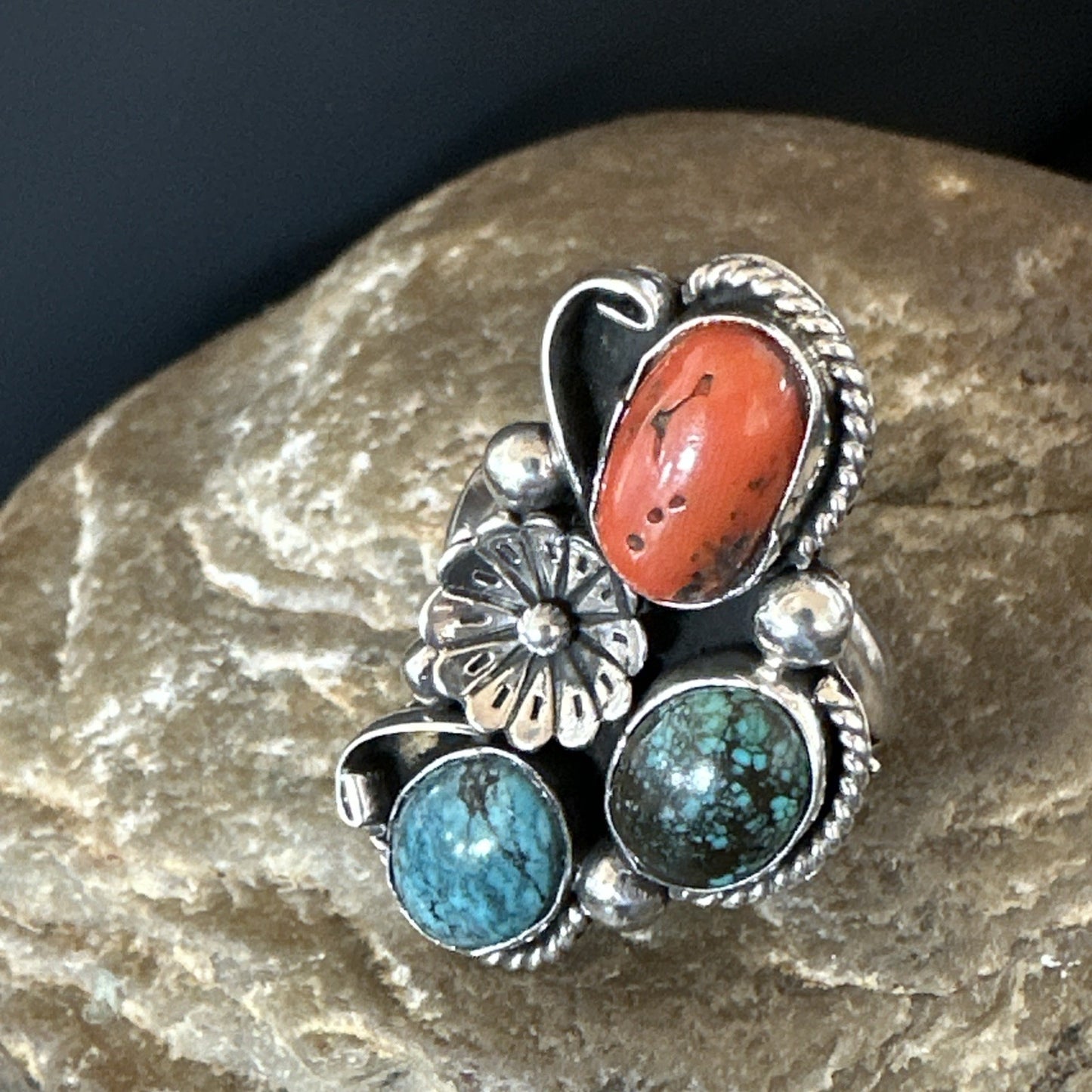 Multicolor Ring Turquoise Coral Spiny Navajo Sterling Silver Cluster Sz 10 19194