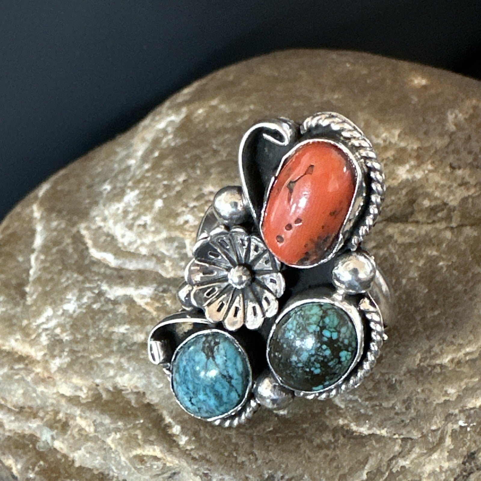Multicolor Ring Turquoise Coral Spiny Navajo Sterling Silver Cluster Sz 10 19194