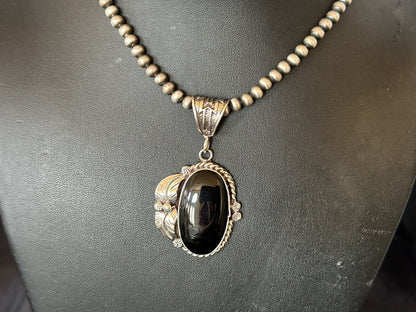 Mens Womens Black Onyx Pendant Navajo Sterling Silver Beads Necklace 18314