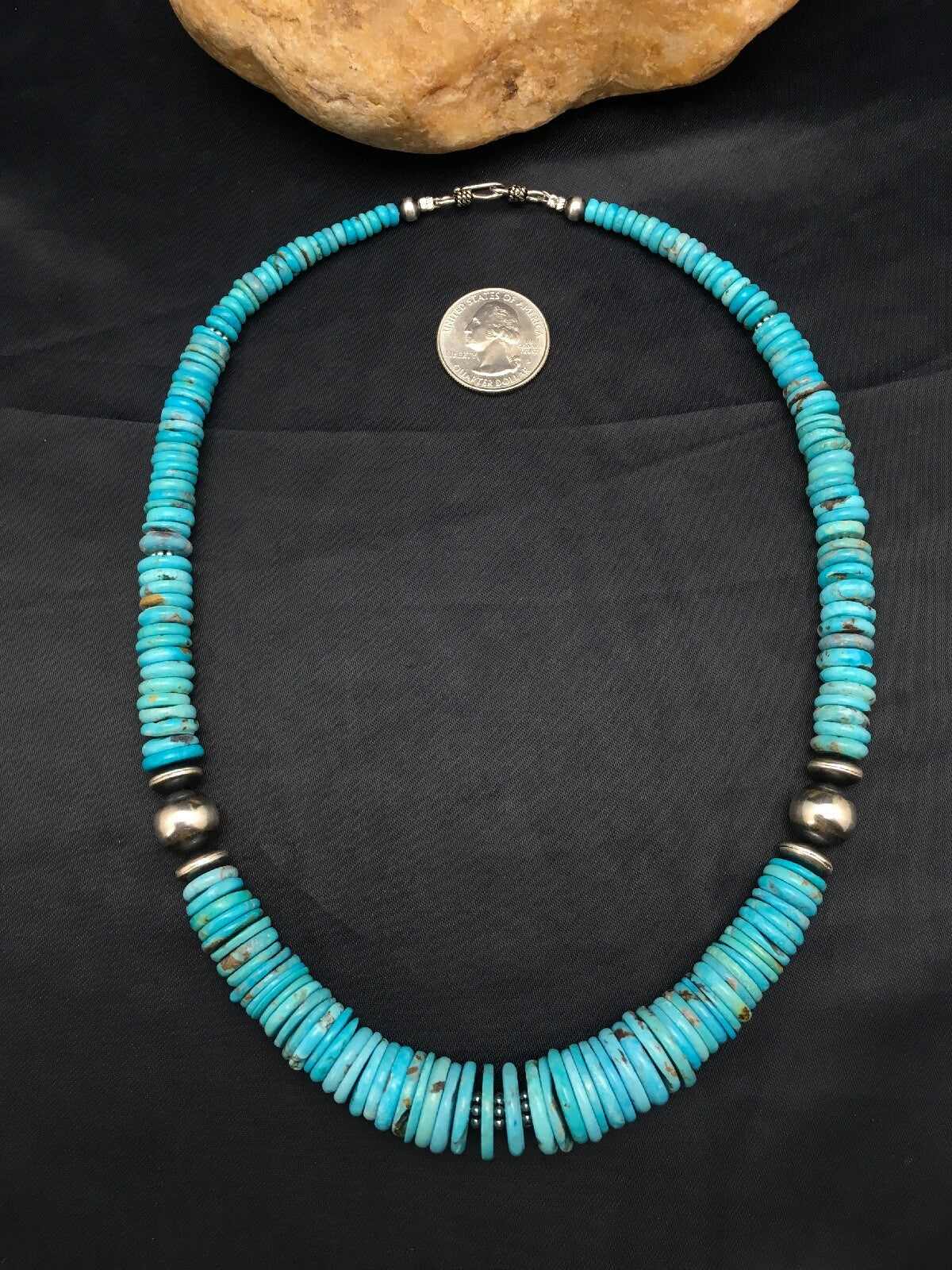 Turquoise Graduated Navajo Sterling Silver Necklace 18" 4046