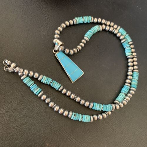 Blue Turquoise Inlay Pendant Navajo Pearls Sterling Silver Necklace 12614