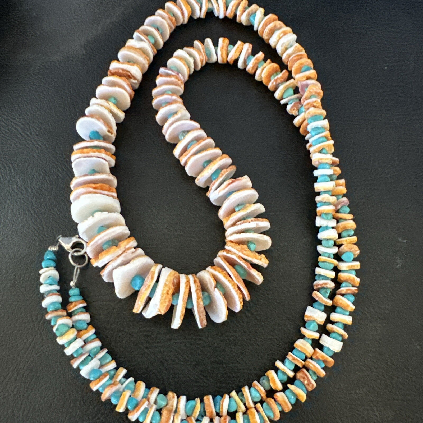 Blue Turquoise Orange Spiny Oyster Santo Domingo Necklace 30” 17754