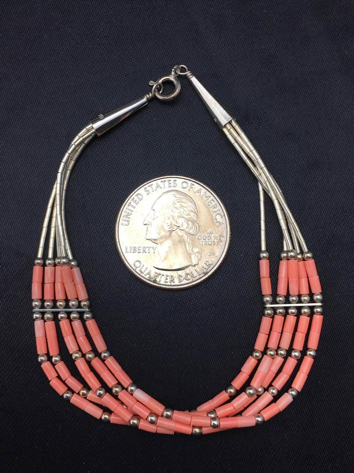 Native Pink Coral 5 Strand Heishi Liquid Sterling Silver Bracelet 7" 4345