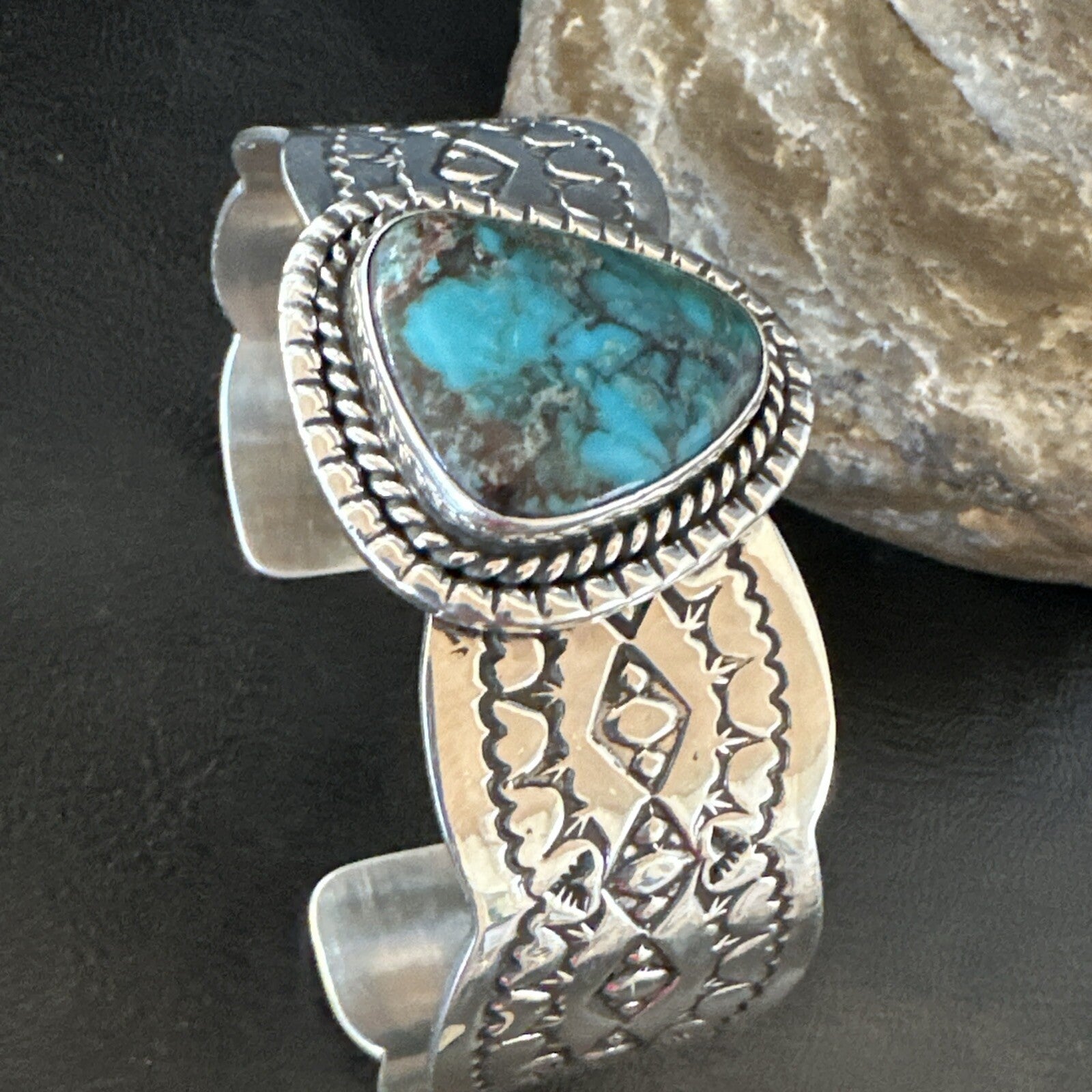 Navajo Blue TURQUOISE Stamped Sterling Silver Cuff Bracelet 8.3" 18716