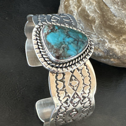 Navajo Blue TURQUOISE Stamped Sterling Silver Cuff Bracelet 8.3" 18716