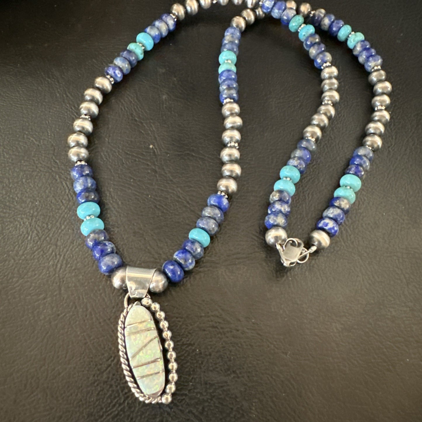 Blue Turquoise White Opal Pendant Lapis Navajo Sterling Silver Necklace 19471