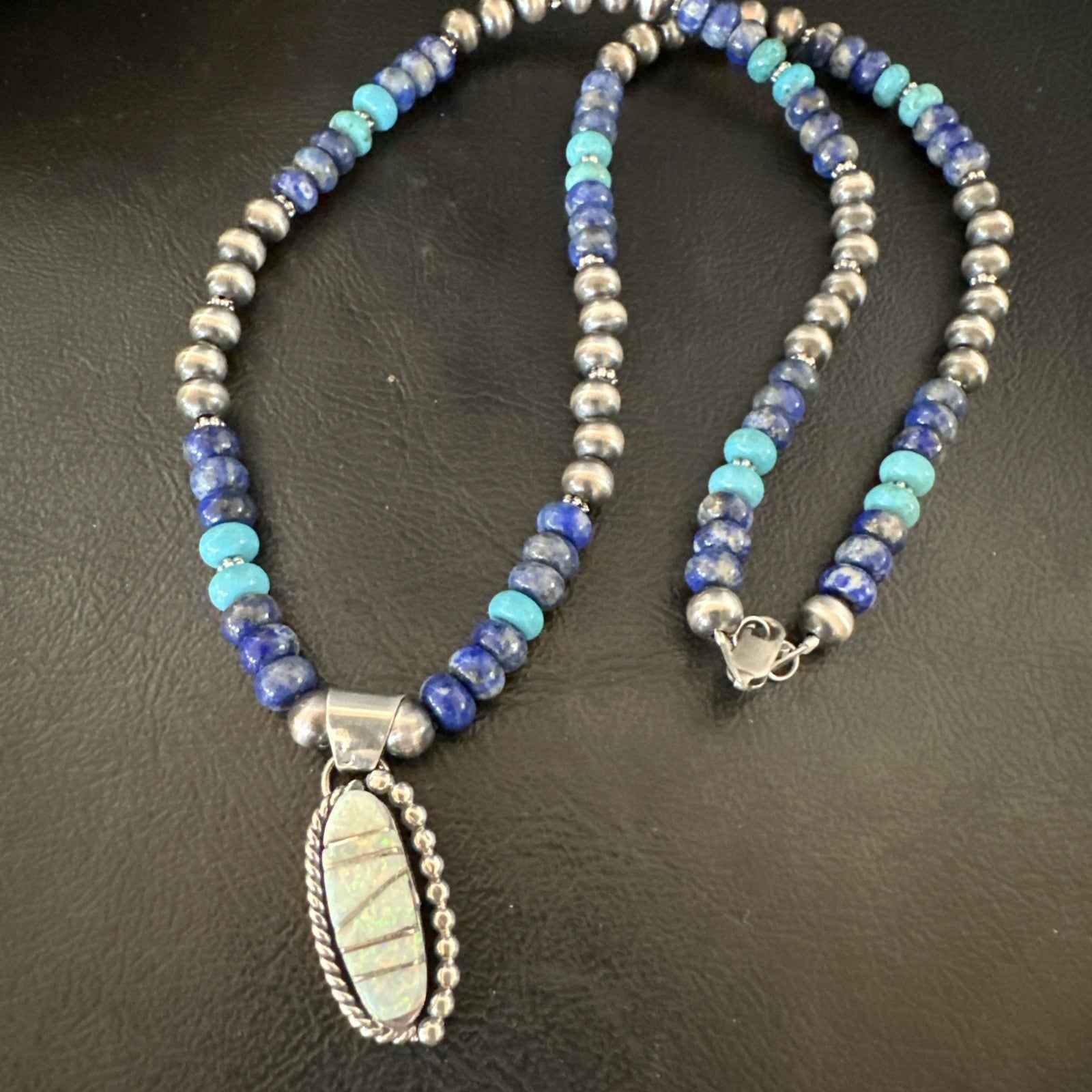 Blue Turquoise White Opal Pendant Lapis Navajo Sterling Silver Necklace 19471