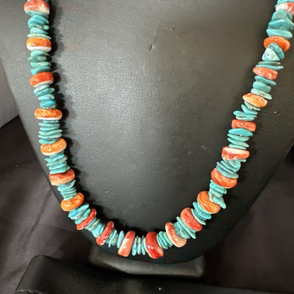 Red Spiny Oyster Blue Turquoise Navajo Sterling Silver Necklace 23" 18267