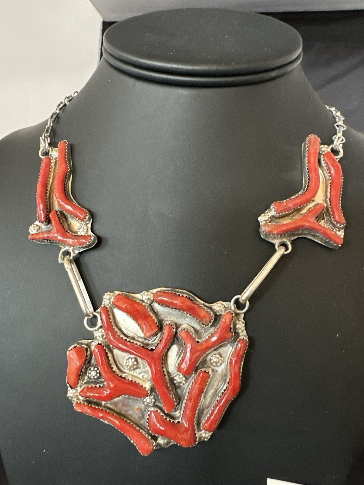 Branch Real Coral Zuni Inlay Sterling Silver Necklace Earrings 21" Set 19276