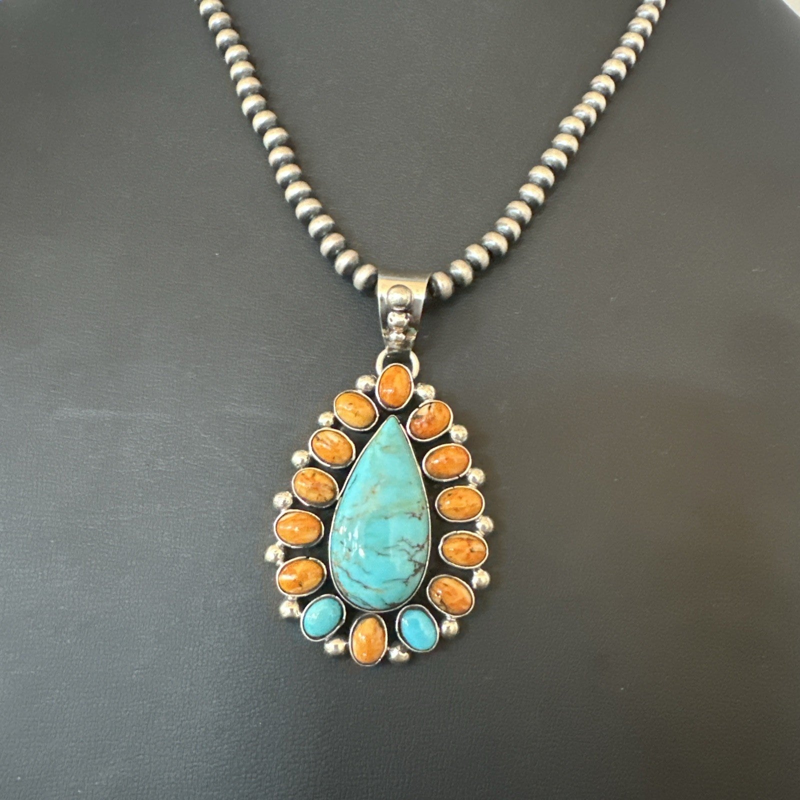 Multicolor Turquoise Spiny Navajo Sterling Silver Cluster Pendant Necklace 19559