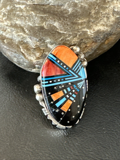 Onyx Turquoise Spiny Navajo Cosmic Inlay Sterling Silver Ring Size 10 19783