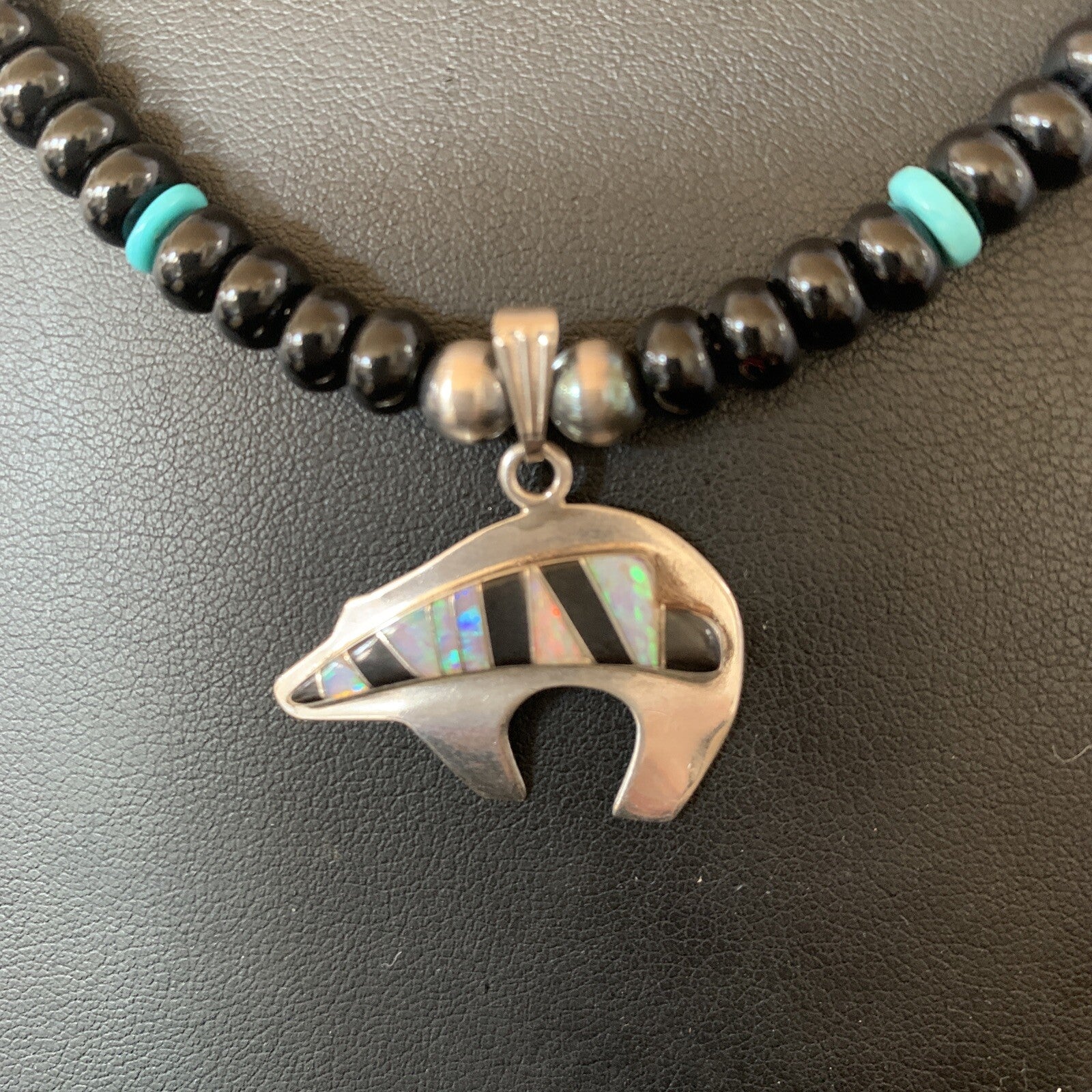 Turquoise Opal Inlay Pendant Black Onyx Navajo Sterling Silver Necklace 12688