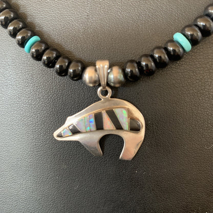 Turquoise Opal Inlay Pendant Black Onyx Navajo Sterling Silver Necklace 12688