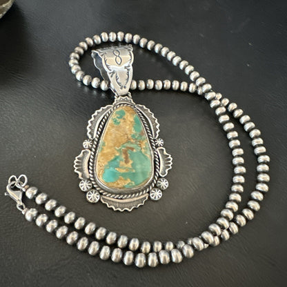 XL Green Royston Turquoise Pendant Navajo Sterling Silver Necklace 18224