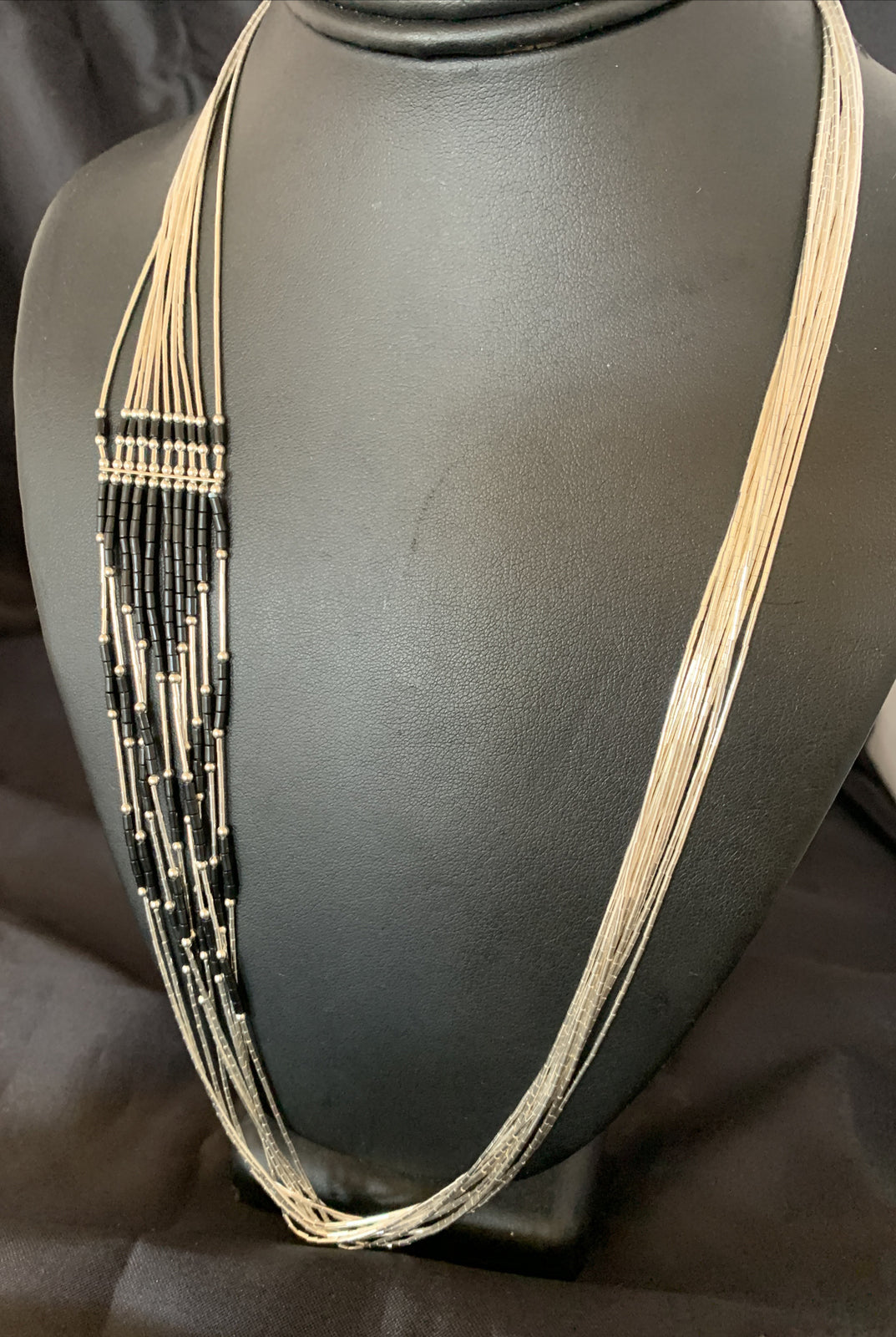 Black Onyx Liquid Silver 10 Strands Heishi Tubes 26" Necklace 13059