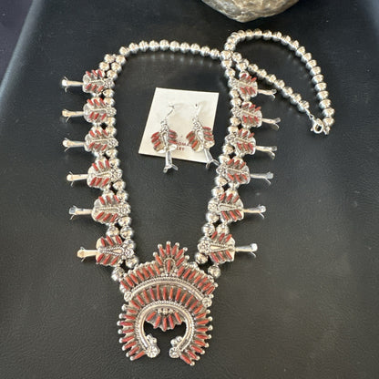 ZUNI Coral Sterling Silver Squash Blossom Needlepoint Necklace Earrings 19277