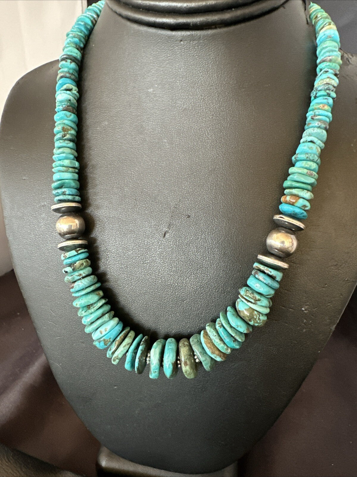 Graduated Blue Turquoise Navajo Pearls Sterling Silver Necklace 18” 18319