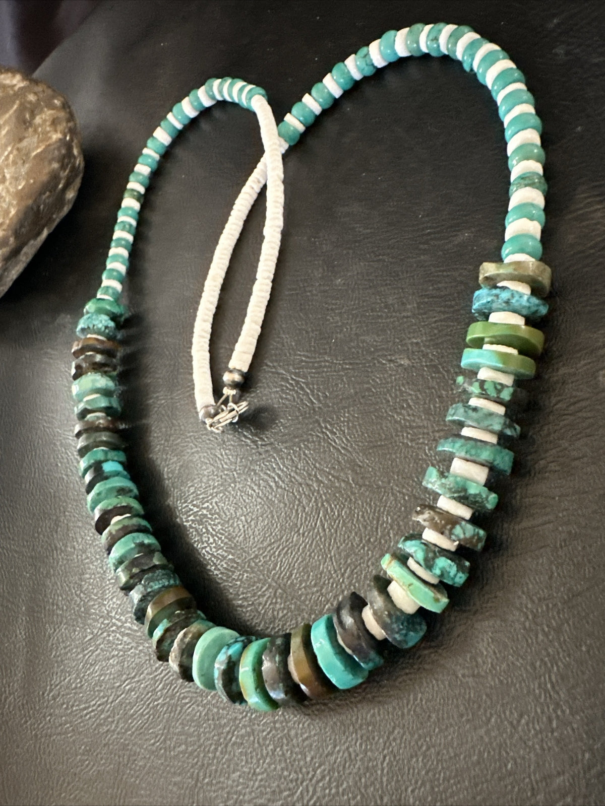 Navajo Blue Turquoise Shell Heishi Sterling Silver Bead 25” Necklace 17853