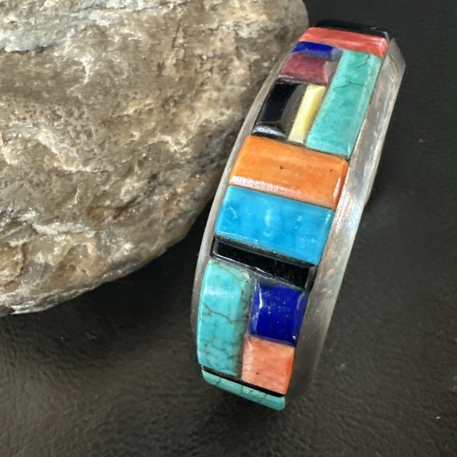 Mens Navajo Black Onyx Coral Turquoise Sterling Silver Cuff Bracelet Inlay 19501
