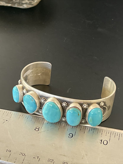 Navajo Sterling Silver Blue Kingman Turquoise Cuff Bracelet 5 Stone HJoe 02051