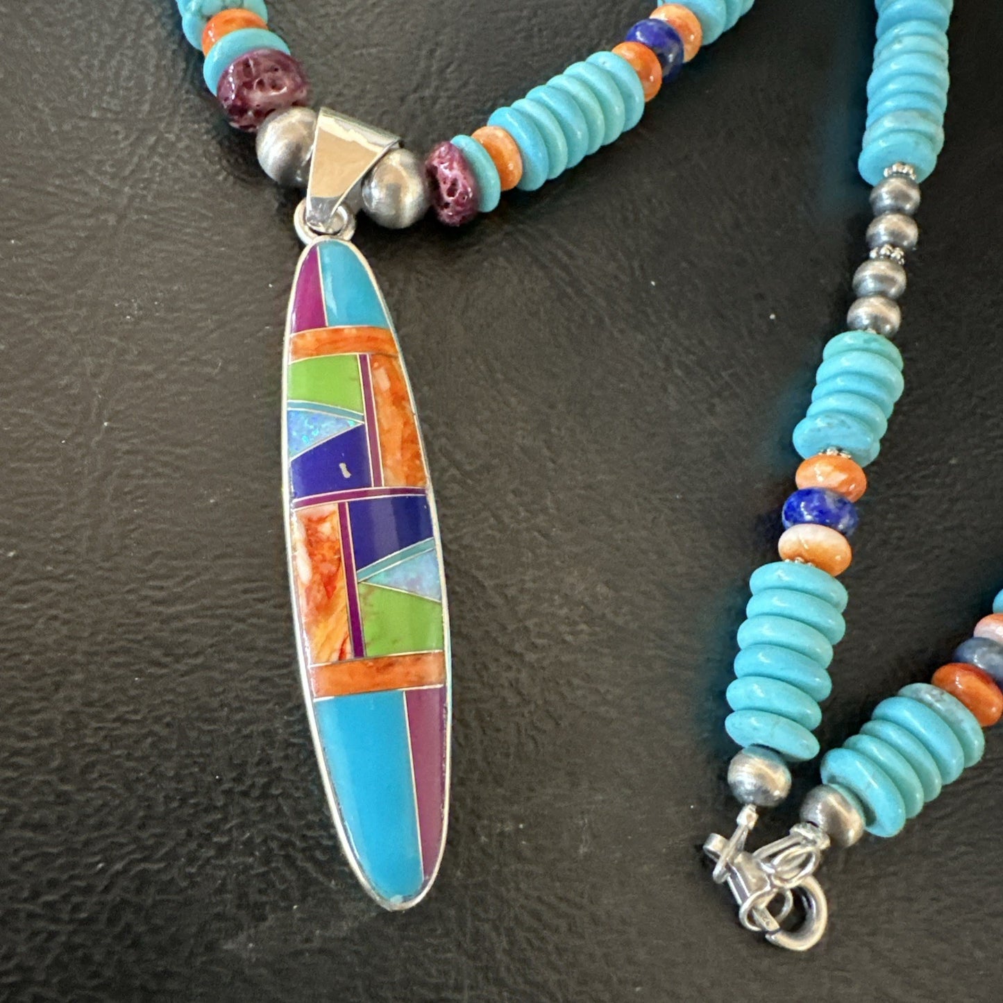 Multicolor Turquoise Spiny Navajo Sterling Silver Inlay Pendant Necklace 19644