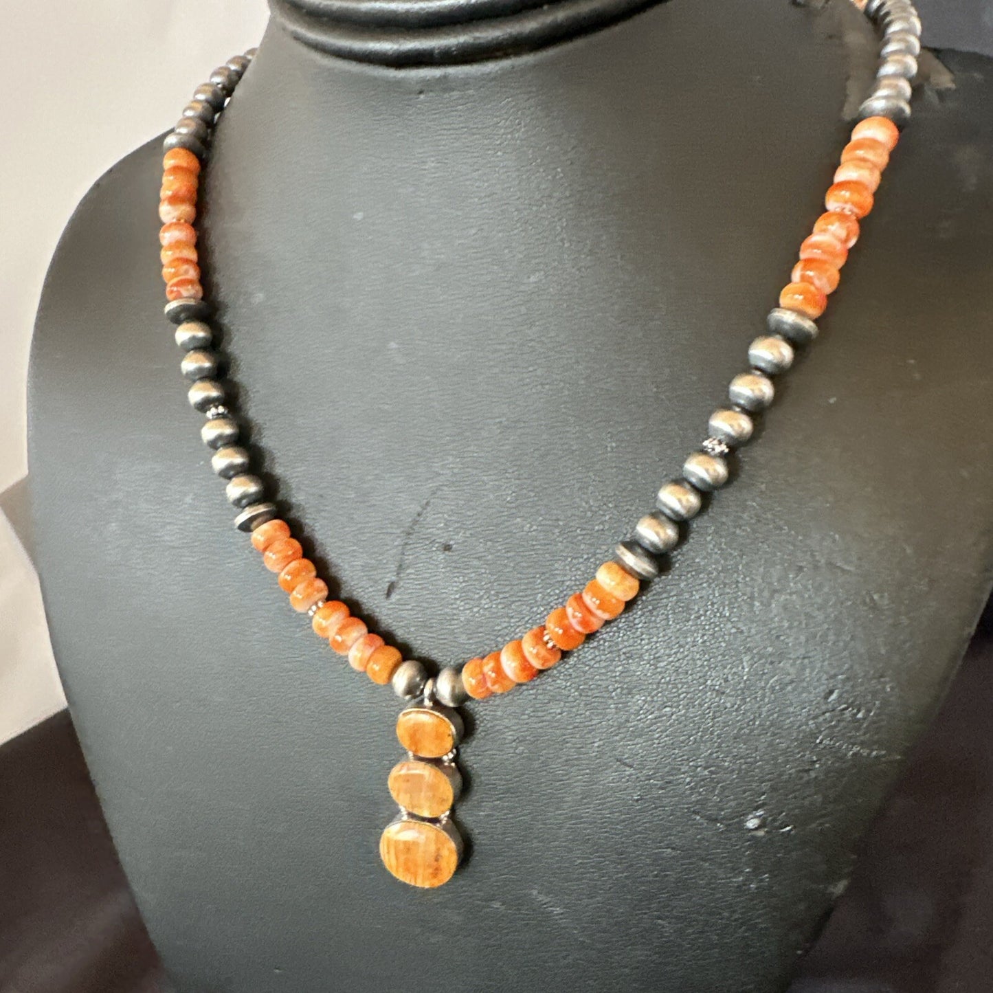 Navajo Pearls Sterling Silver Necklace Orange Spiny Oyster Pendant 20" 18264