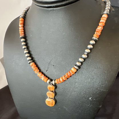 Navajo Pearls Sterling Silver Necklace Orange Spiny Oyster Pendant 20" 18264