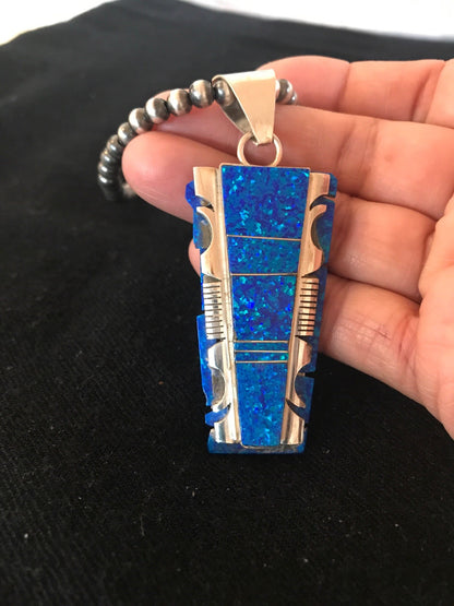 Blue Opal Pendant Navajo Pearls Beads Sterling Silver Necklace 08281